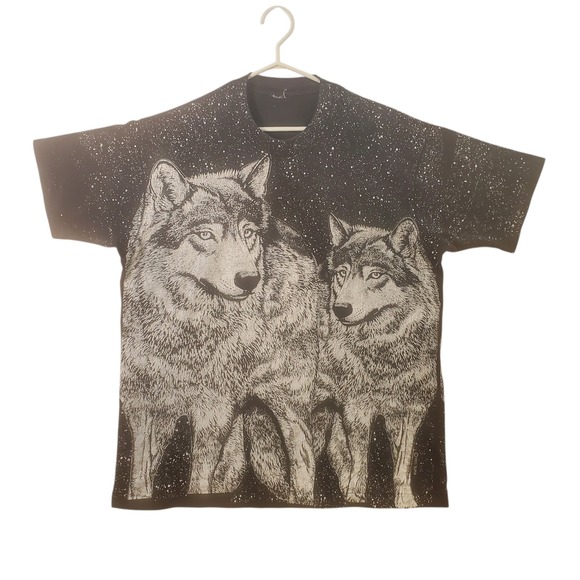 Super Other - Vintage 1993 Super Wolf All Over Print T Shirt Mens Black White 90s Nature Tee